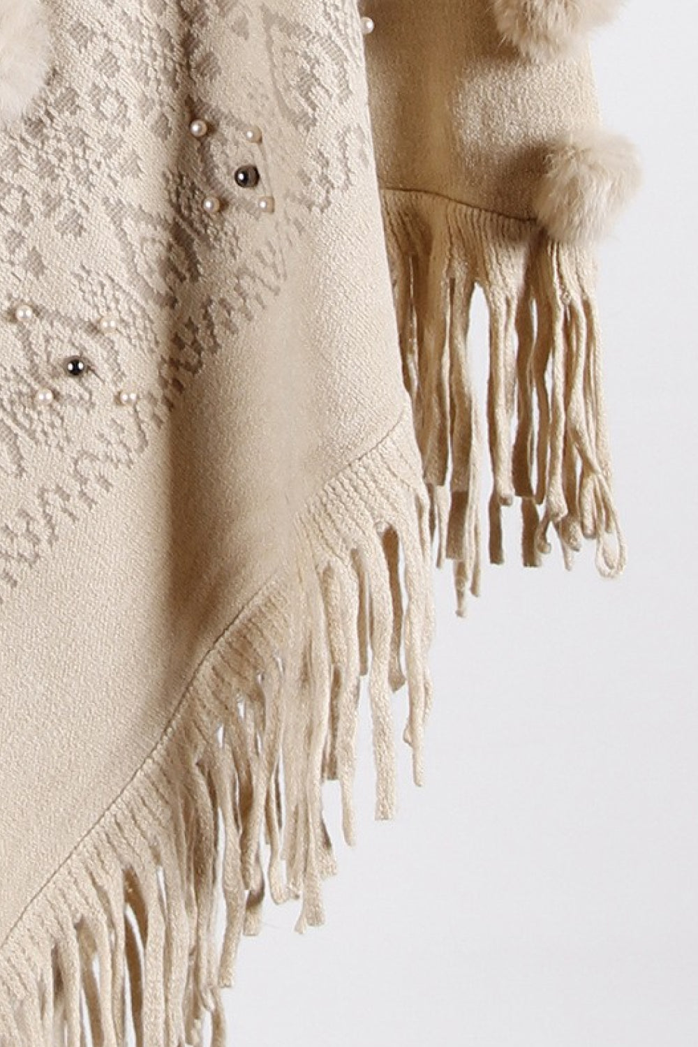 Bead Trim Boat Neck Fringed Poncho