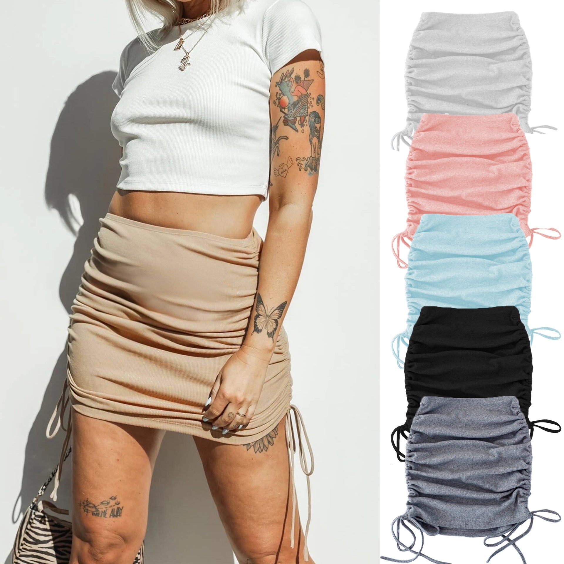 Knitted Threaded Side Drawstring Elastic Pleated Skirt Slim Adjustable Hip Skirt