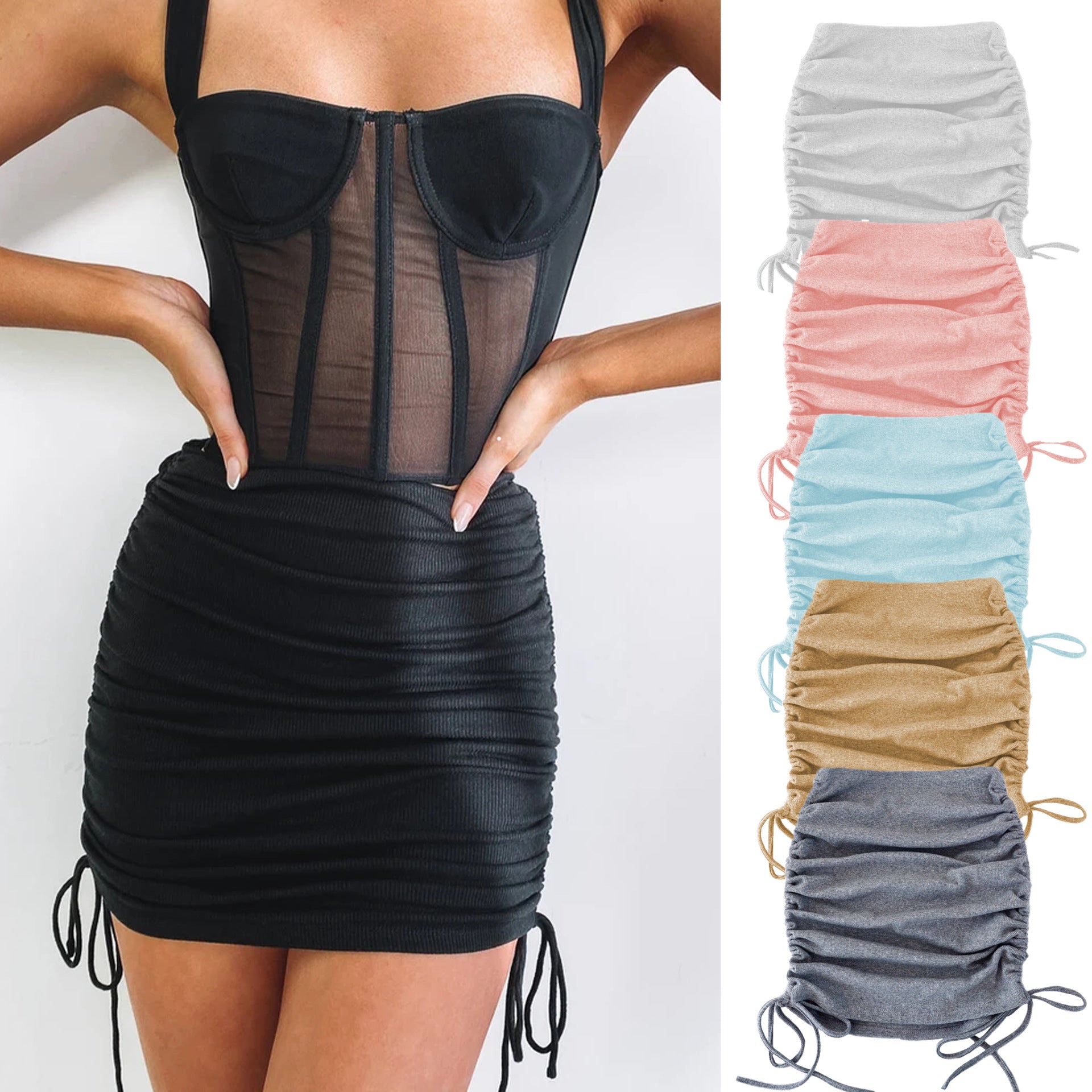 Knitted Threaded Side Drawstring Elastic Pleated Skirt Slim Adjustable Hip Skirt