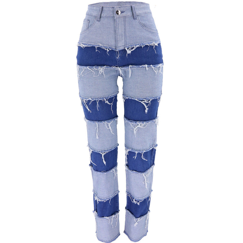 High Waist Tight High Elasticity Stitching Wide-leg Pants Denim Trousers