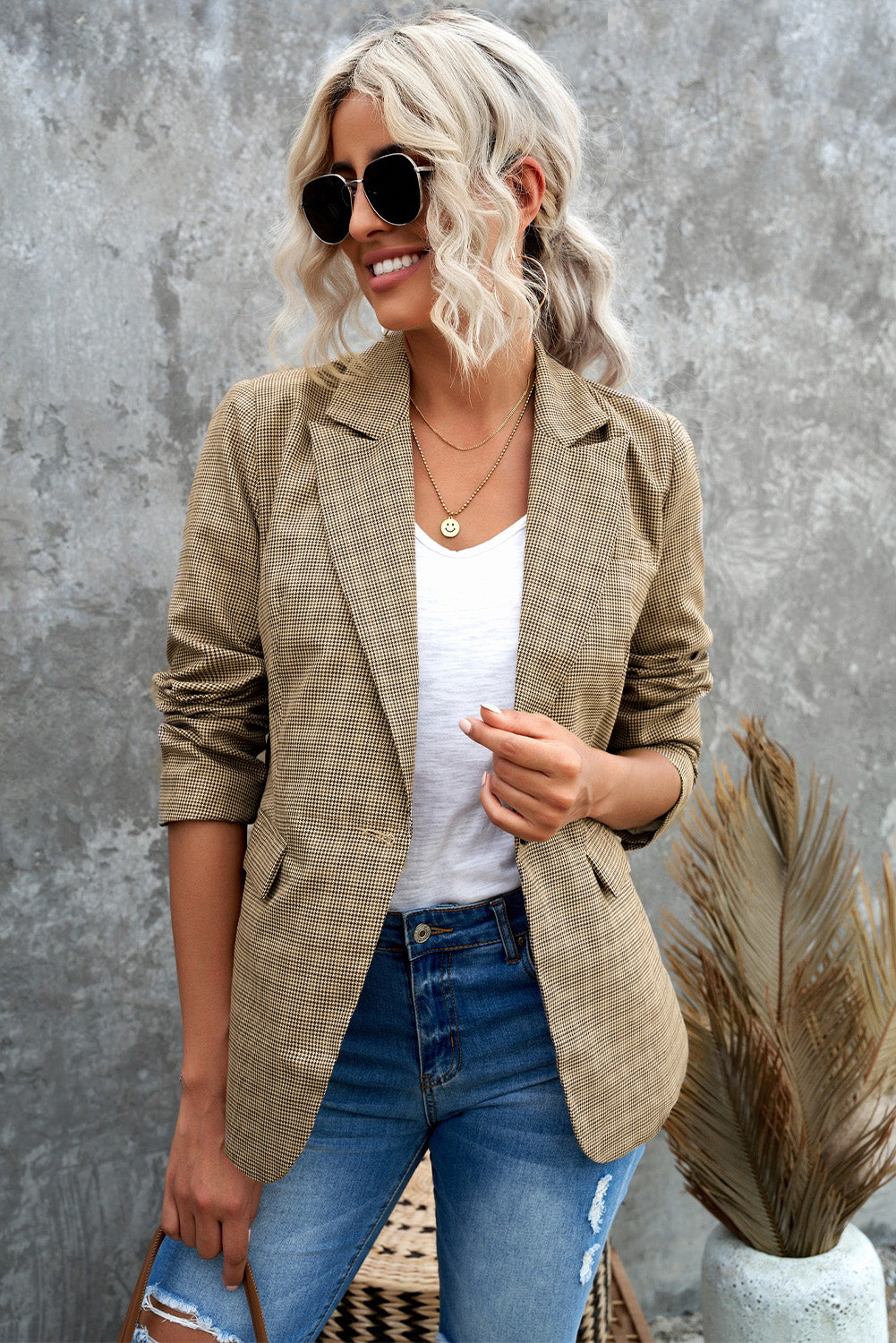 Blazer à carreaux avec col à revers et poignets boutonnés