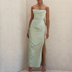 Robe de soirée en satin haut de gamme, longueur genou, fendue