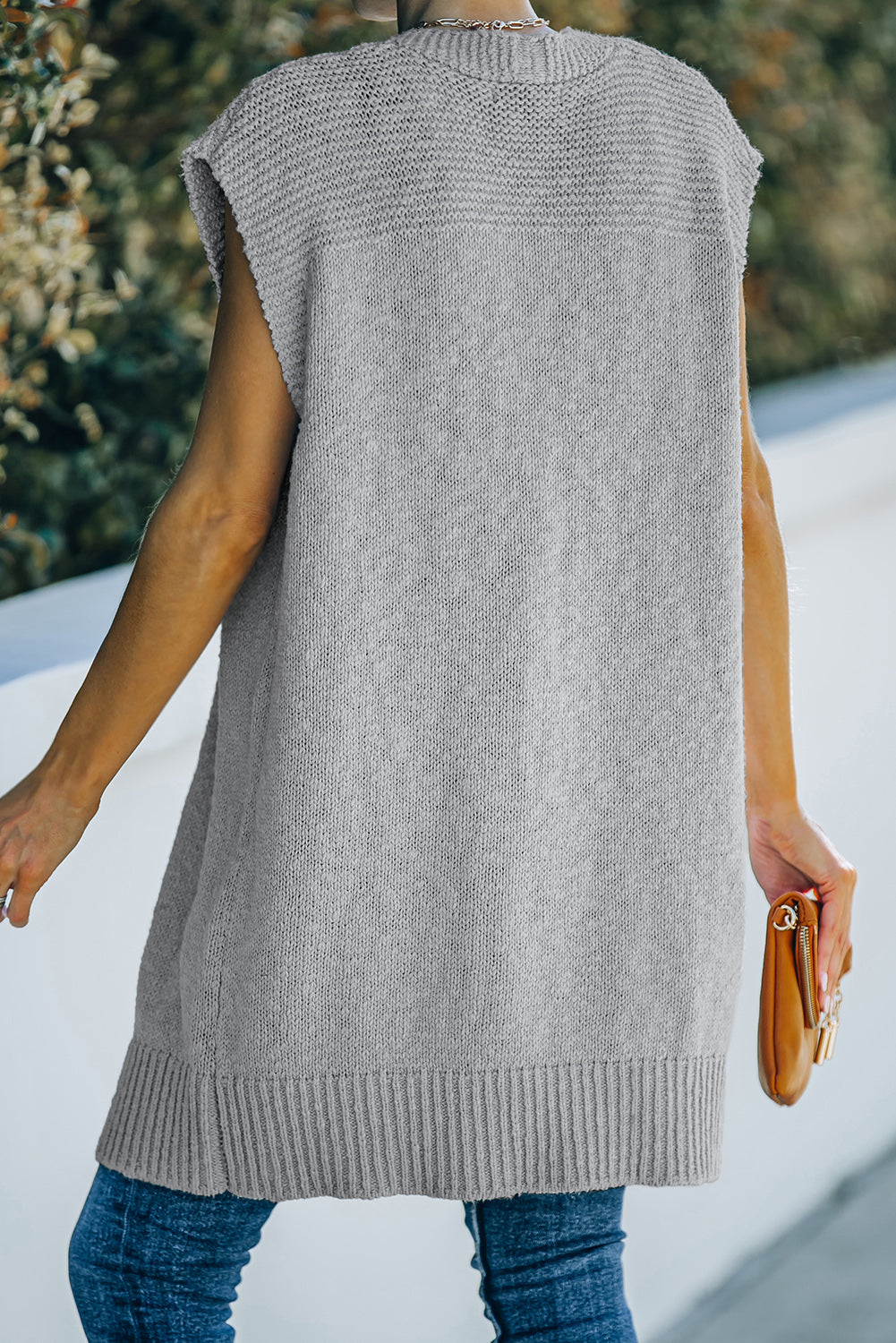 Ribbed Trim Open Front Sleeveless Cardigan