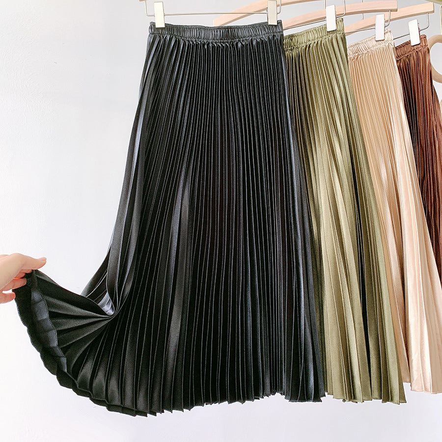 High Waist Satin Metallic Pleated Skirt Retro Mid-Length Slimming A- line Skirt