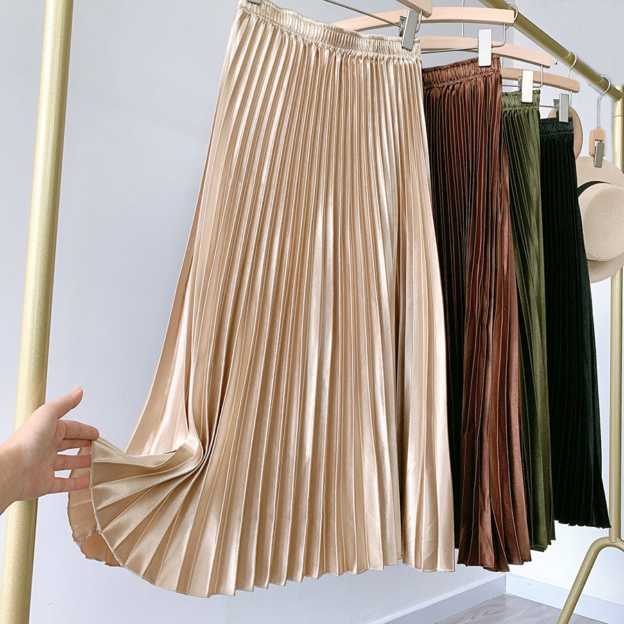 High Waist Satin Metallic Pleated Skirt Retro Mid-Length Slimming A- line Skirt