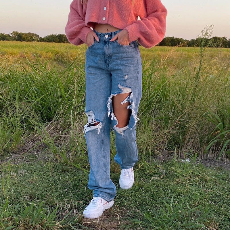 Pantalon en jean déchiré pour prise de vue dans la rue, pantalon cool, taille haute, pantalon droit