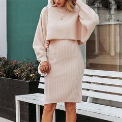 Knitted Dress Two Piece Set Solid Color Pullover Sweater