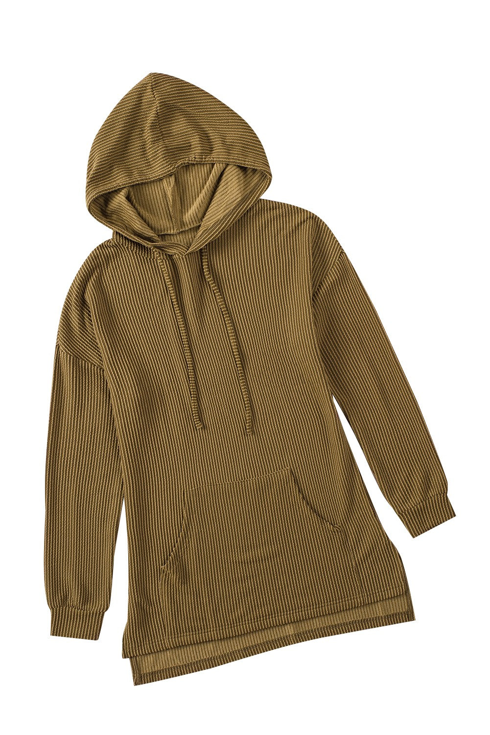 Ribbed Side Slit Hoodie with Kangaroo Pocket