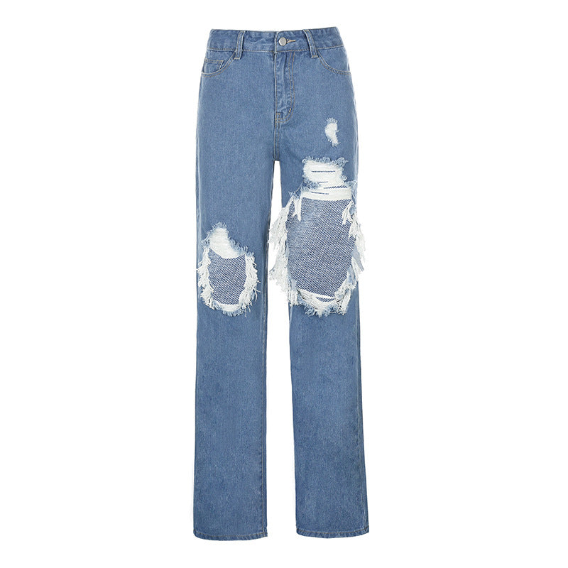 Pantalon en jean déchiré pour prise de vue dans la rue, pantalon cool, taille haute, pantalon droit