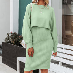 Knitted Dress Two Piece Set Solid Color Pullover Sweater