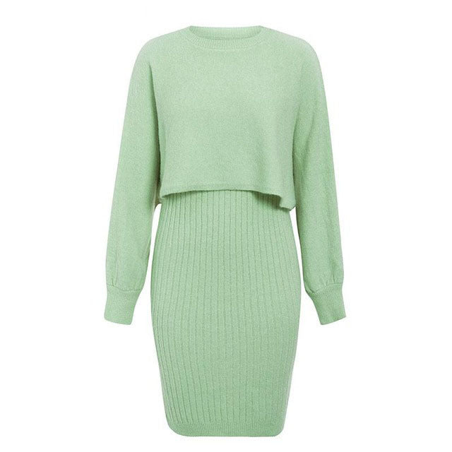 Knitted Dress Two Piece Set Solid Color Pullover Sweater