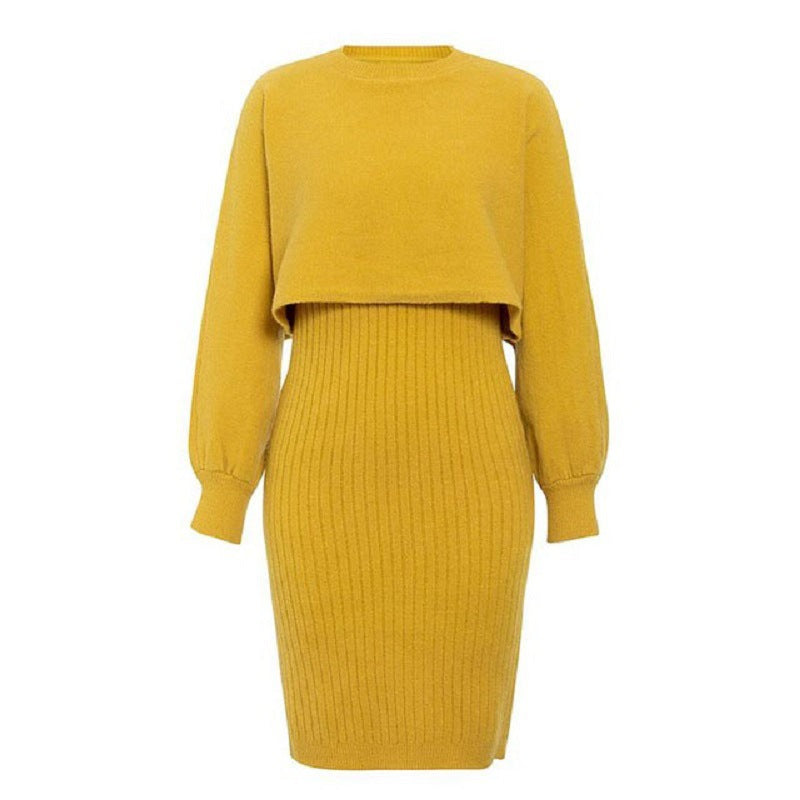 Knitted Dress Two Piece Set Solid Color Pullover Sweater