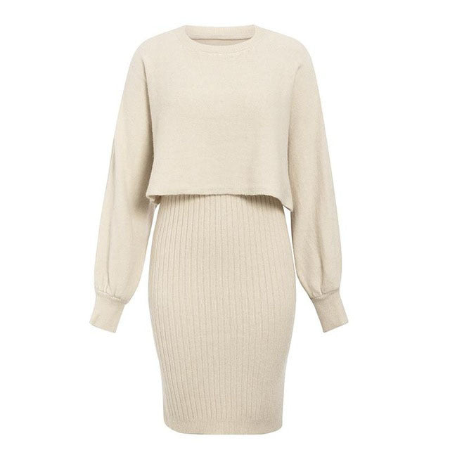 Knitted Dress Two Piece Set Solid Color Pullover Sweater