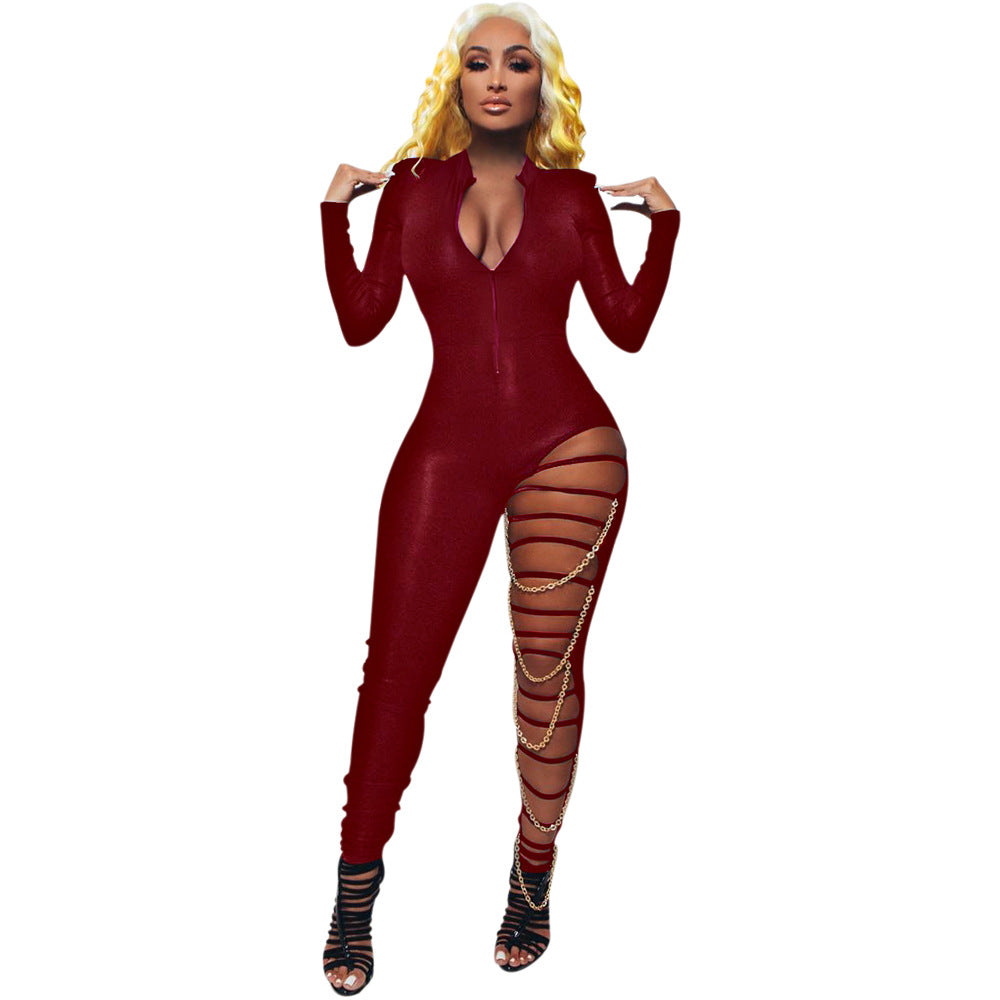 Zipper Hole Deep V Plunge Plunge Chain Slim Fit One Piece Nightclub Uniforms