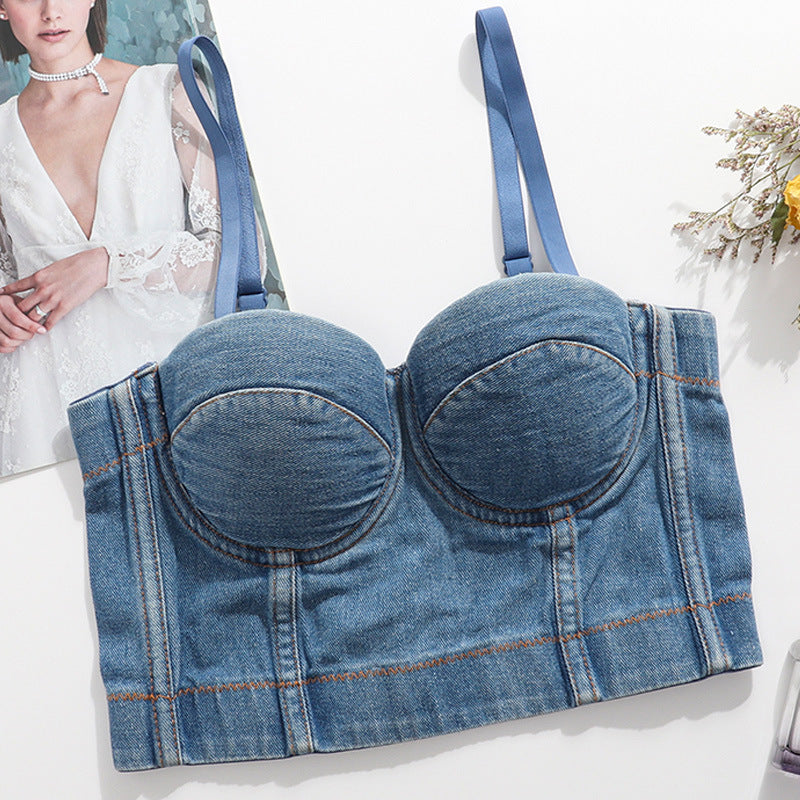 Denim-Camisole Beauty Back Cropped Free Unterwäsche Oberbekleidung Korsett-Oberteil mit Stäbchen All Match Nachtclub Disco Tube Top