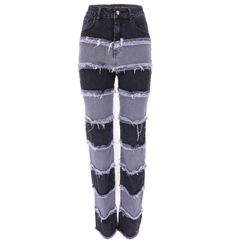 High Waist Tight High Elasticity Stitching Wide-leg Pants Denim Trousers