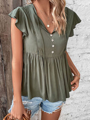 Haut babydoll boutonné à col noué et manches flottantes