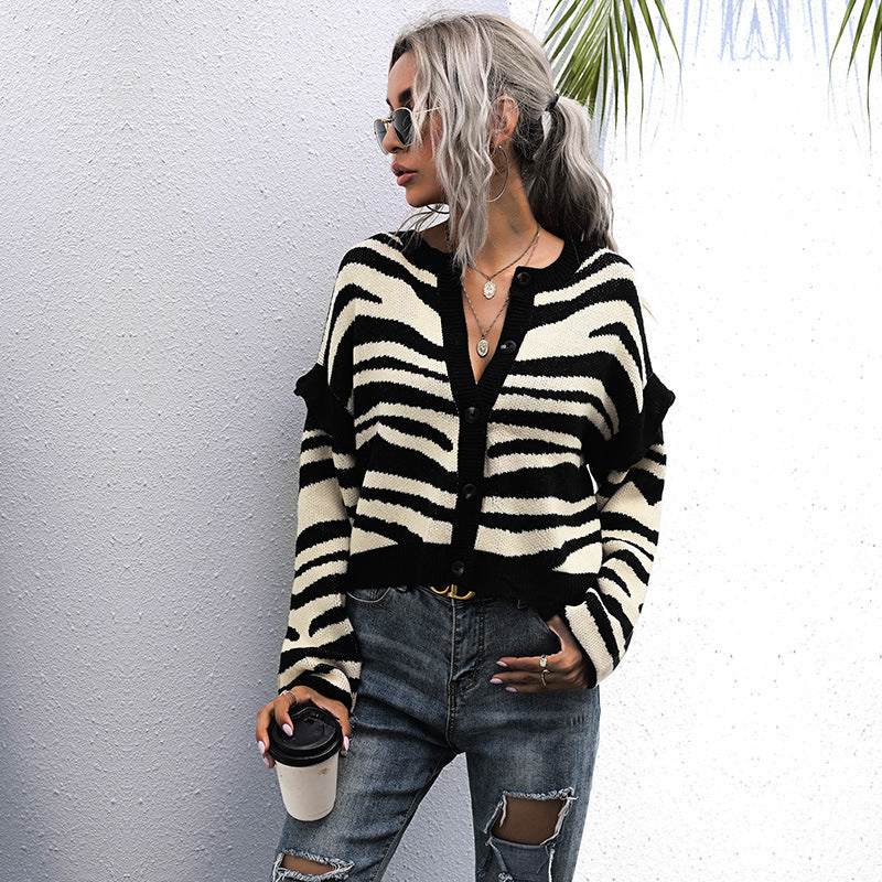 Idle Zebra Pattern Cardigan Knitted Sweater Short Coat