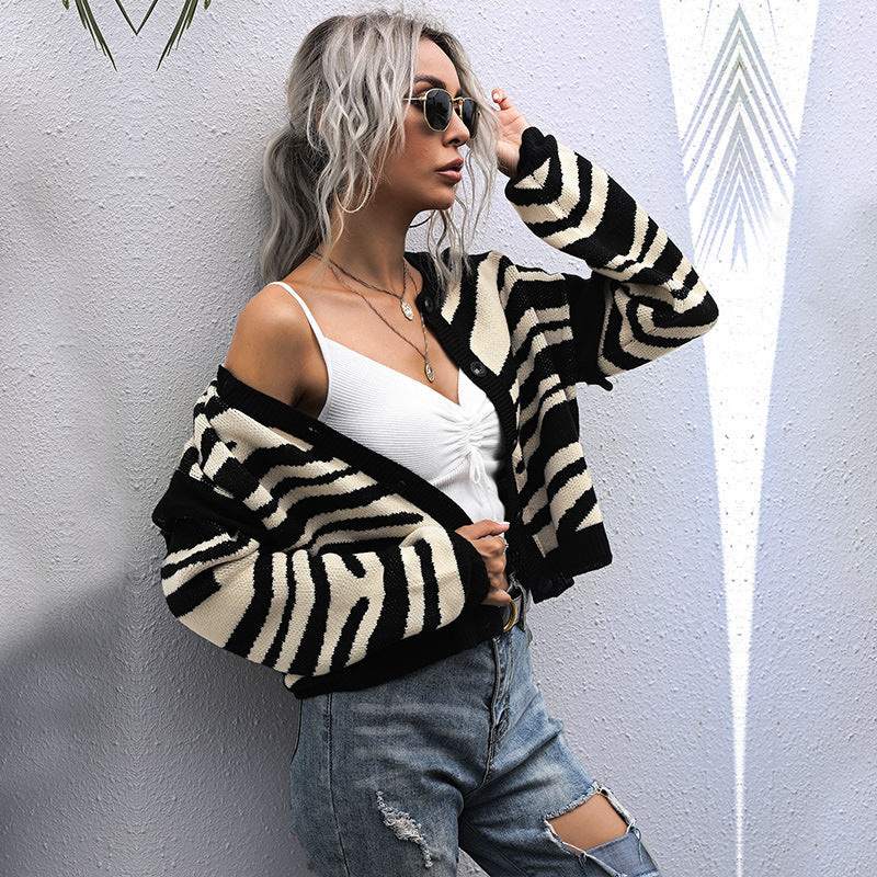 Idle Zebra Pattern Cardigan Knitted Sweater Short Coat