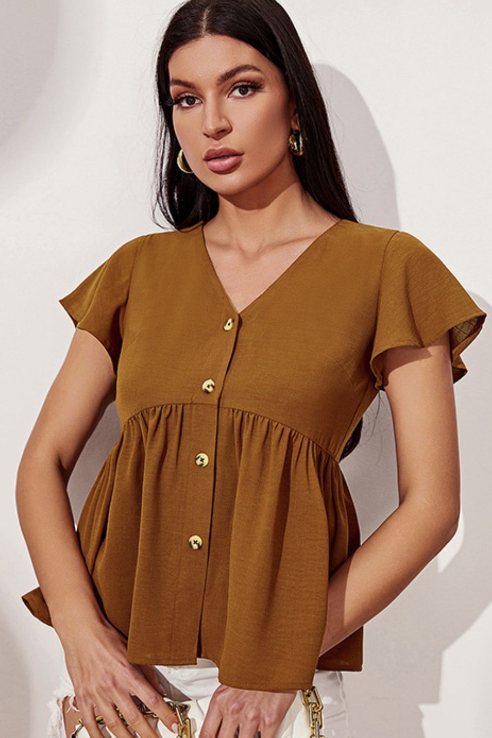 Chemisier babydoll boutonné sur le devant à manches flottantes