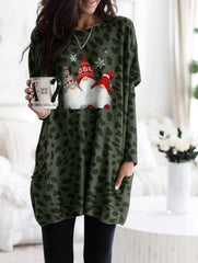 Long Sleeve Pocket Leopard Print Christmas Print Dress