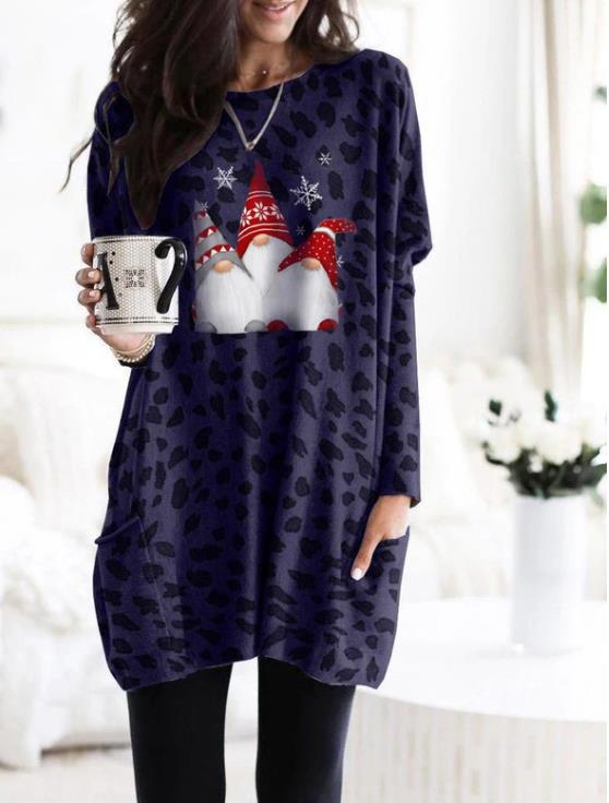 Long Sleeve Pocket Leopard Print Christmas Print Dress