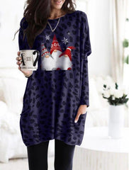 Long Sleeve Pocket Leopard Print Christmas Print Dress