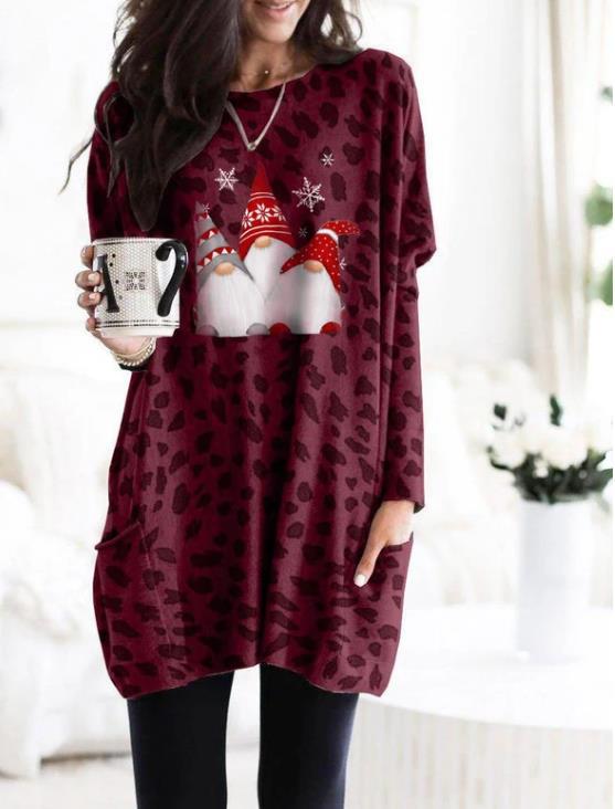 Long Sleeve Pocket Leopard Print Christmas Print Dress