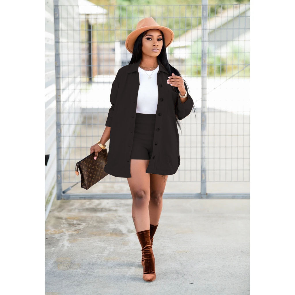 Casual Long Sleeve Shorts Collared Two Piece Set