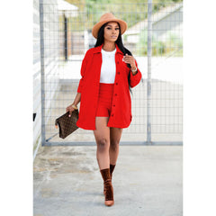 Casual Long Sleeve Shorts Collared Two Piece Set