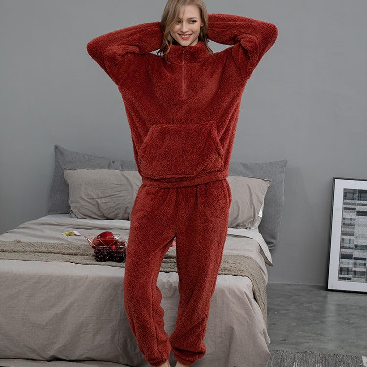 Flannel Pajamas Solid Color Couple Homewear Pullover Thickened Pajama Pants Coral Velvet Pajamas