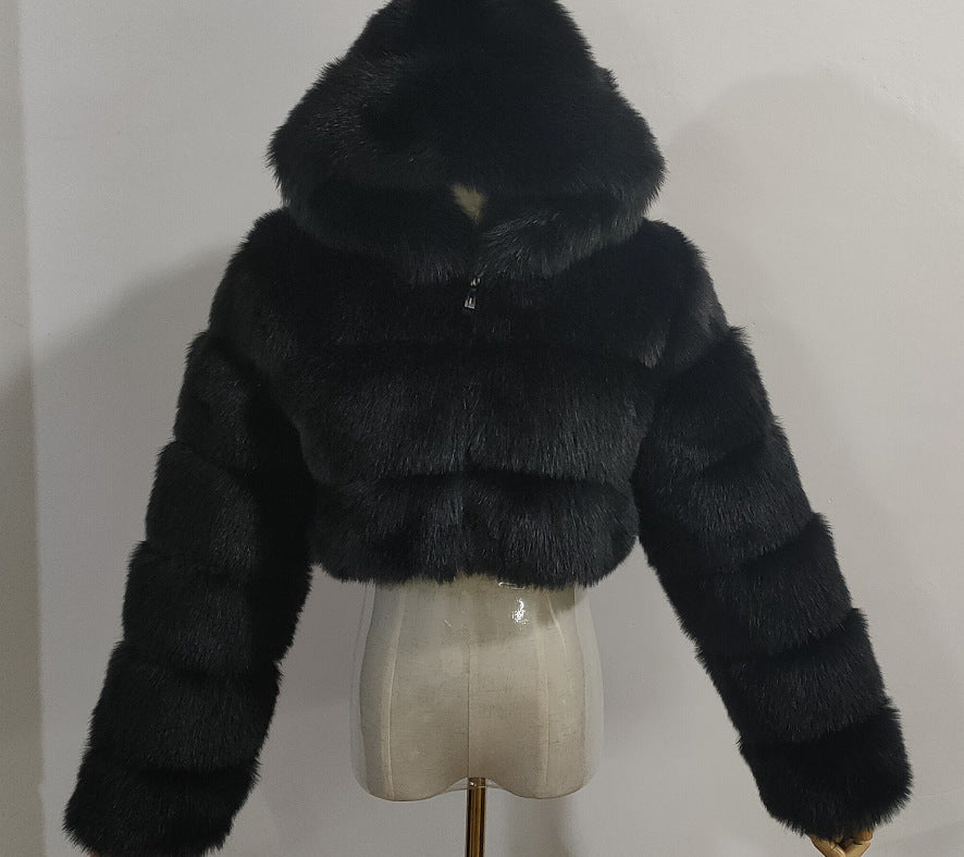 Fur Artificial Fur Fox Fur Hooded Short Faux Coat