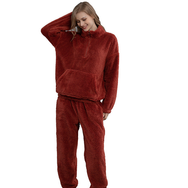 Flannel Pajamas Solid Color Couple Homewear Pullover Thickened Pajama Pants Coral Velvet Pajamas