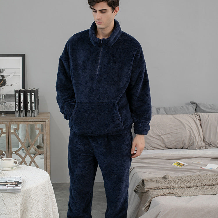 Flannel Pajamas Solid Color Couple Homewear Pullover Thickened Pajama Pants Coral Velvet Pajamas