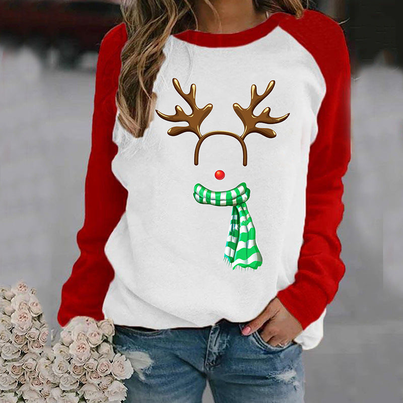 Holiday Christmas Casual Printed Sweater Color Contrast Long Sleeve T-shirt