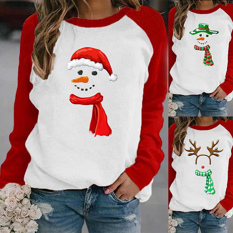 Holiday Christmas Casual Printed Sweater Color Contrast Long Sleeve T-shirt