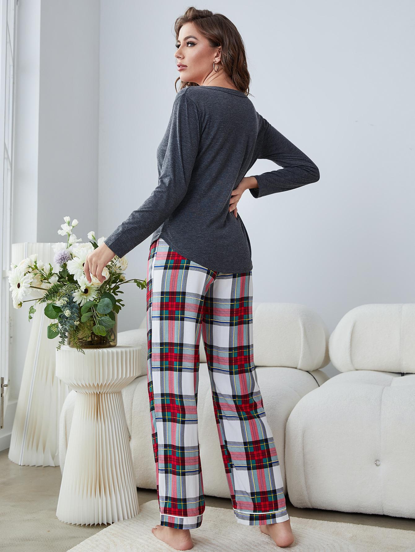 Lounge-Set mit geknöpftem Langarmoberteil und karierter Hose