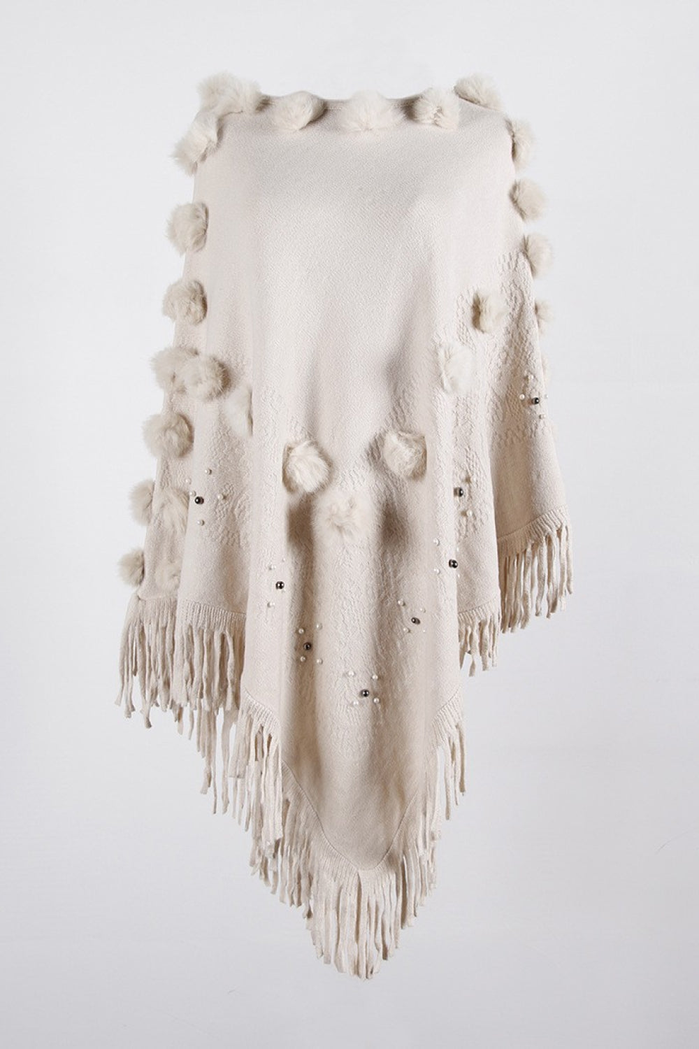 Bead Trim Boat Neck Fringed Poncho