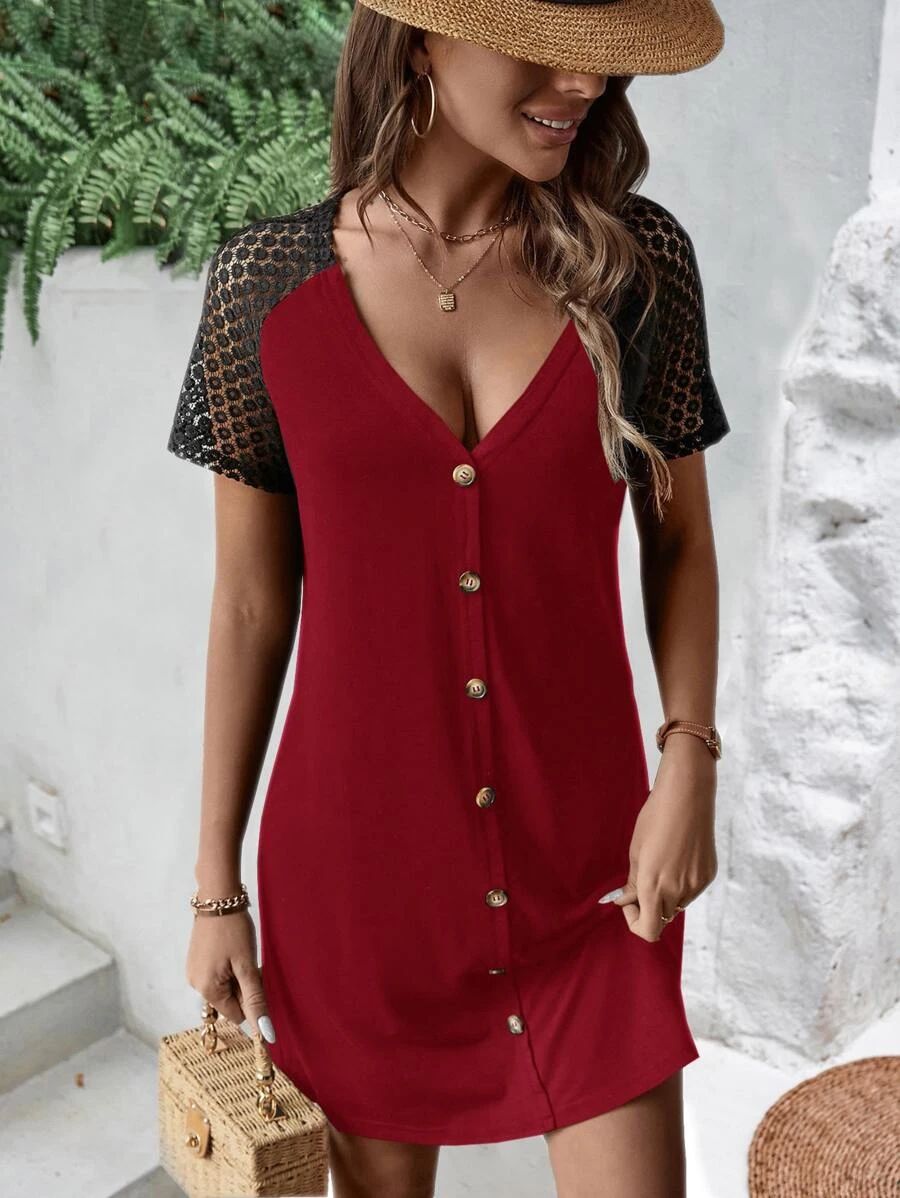 Robe boutonnée à col en V et manches raglan