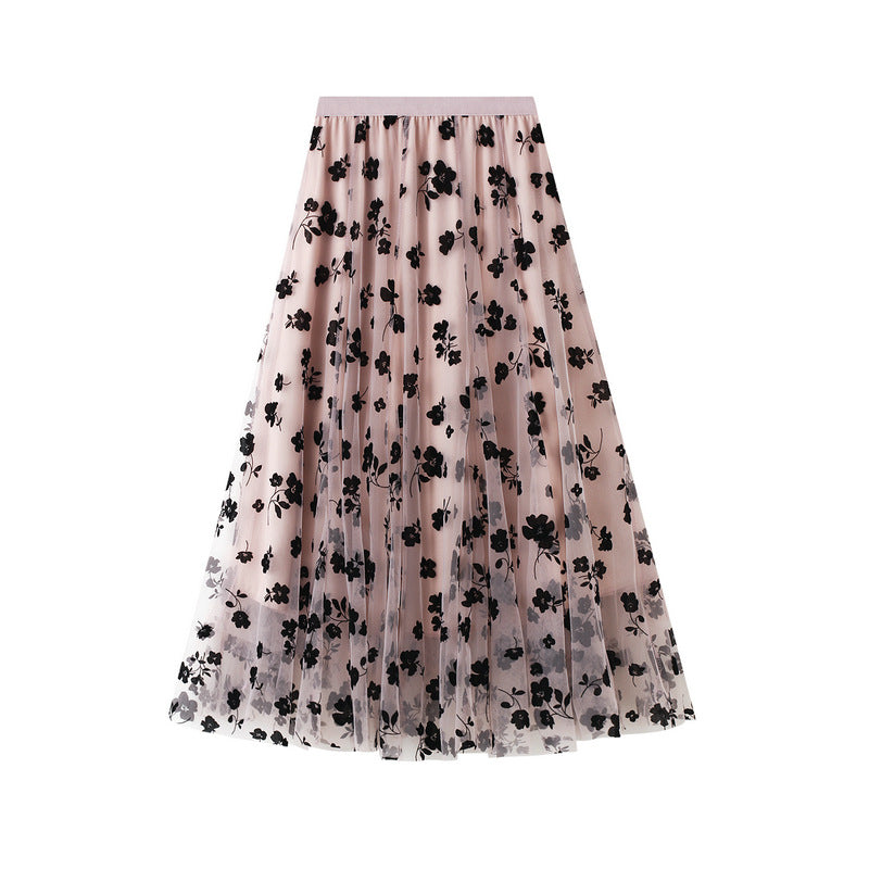 Flocking Mesh Skirt Mid-Length Slimming Draping Gauze Skirt Super-Fairy Fairy Pleated Skirt