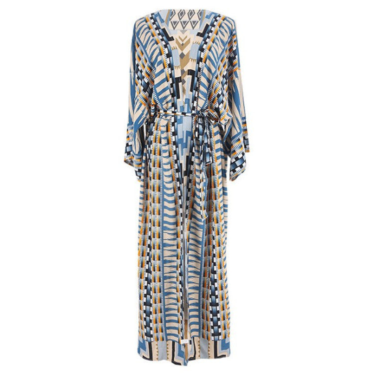 Rayon Positioning Printed Cardigan with Belt Beach Cover-up Vacation Skirt Beach Cover Up