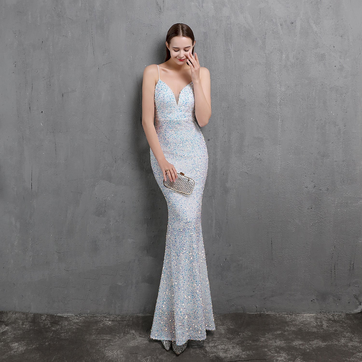 Schwere Handwerk Bunte Pailletten Prominente Versammlung Party Abendkleid Lange Abnehmen Toast Kleid Braut