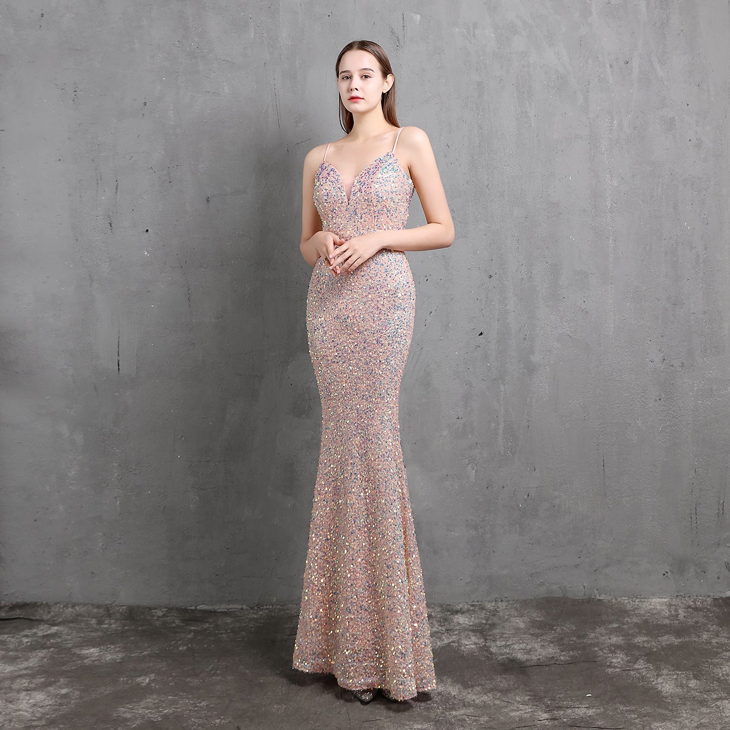 Schwere Handwerk Bunte Pailletten Prominente Versammlung Party Abendkleid Lange Abnehmen Toast Kleid Braut