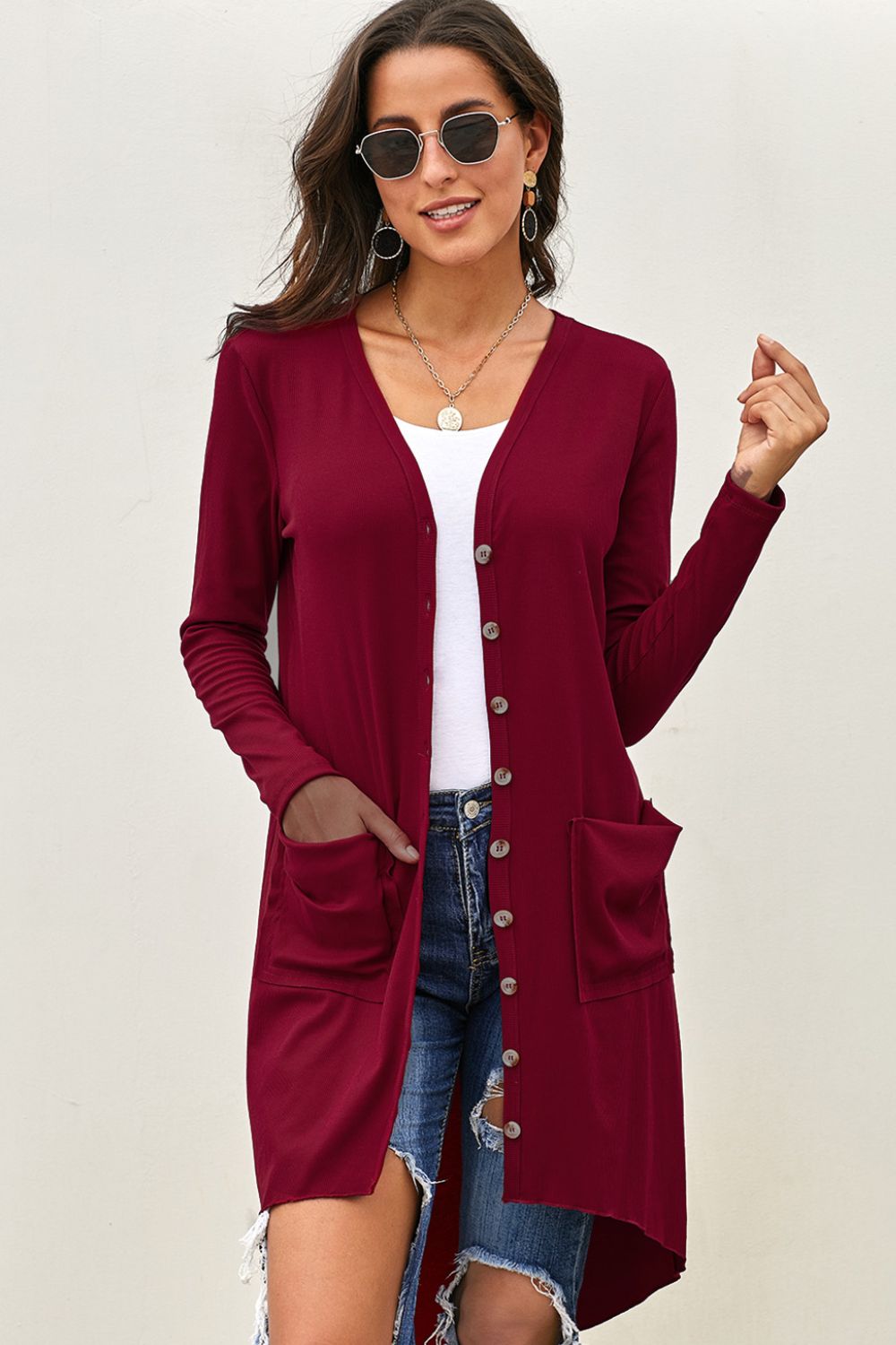 High-Low-Cardigan mit V-Ausschnitt und Taschen