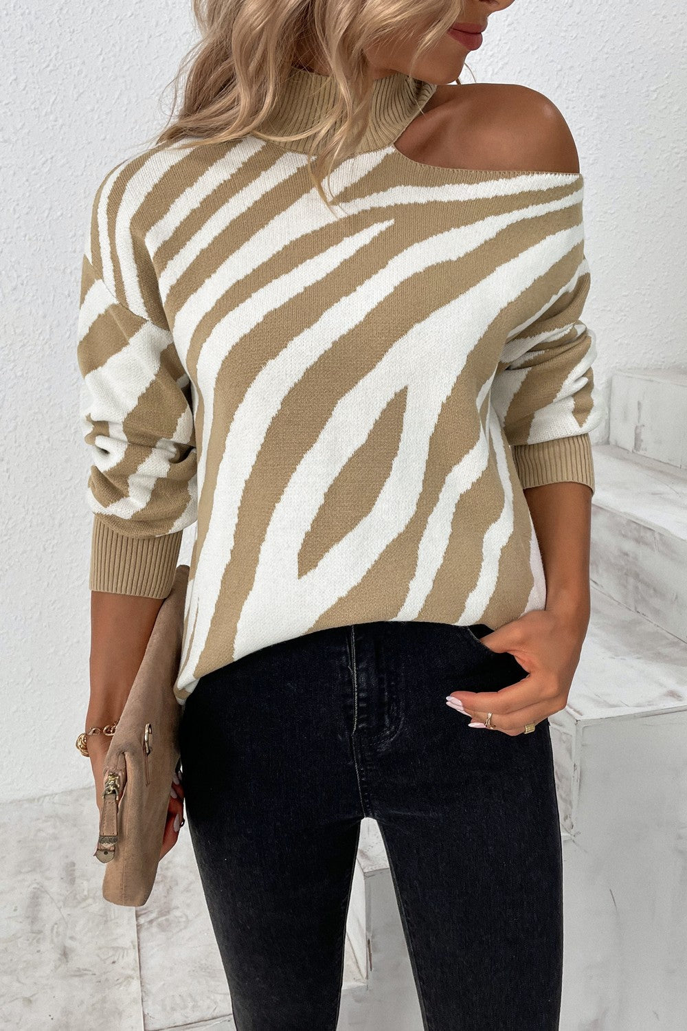 Animal Print Cold-Shoulder Sweater