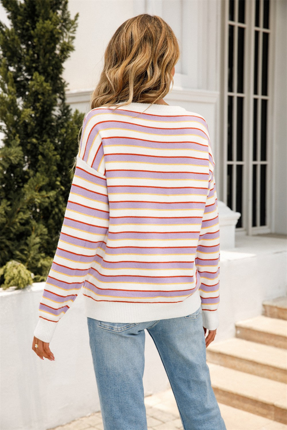 Striped Round Neck Dropped Shoulder Knit Pullover