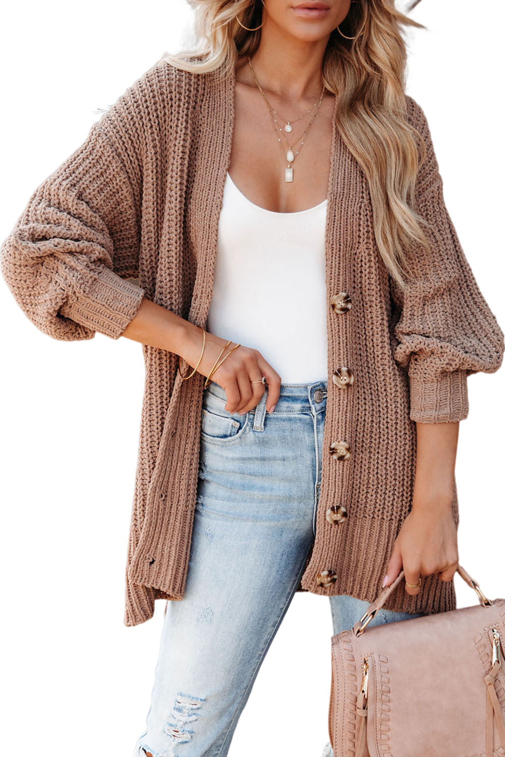 Khakifarbene, einfarbige, lässige Strickjacke mit Knöpfen