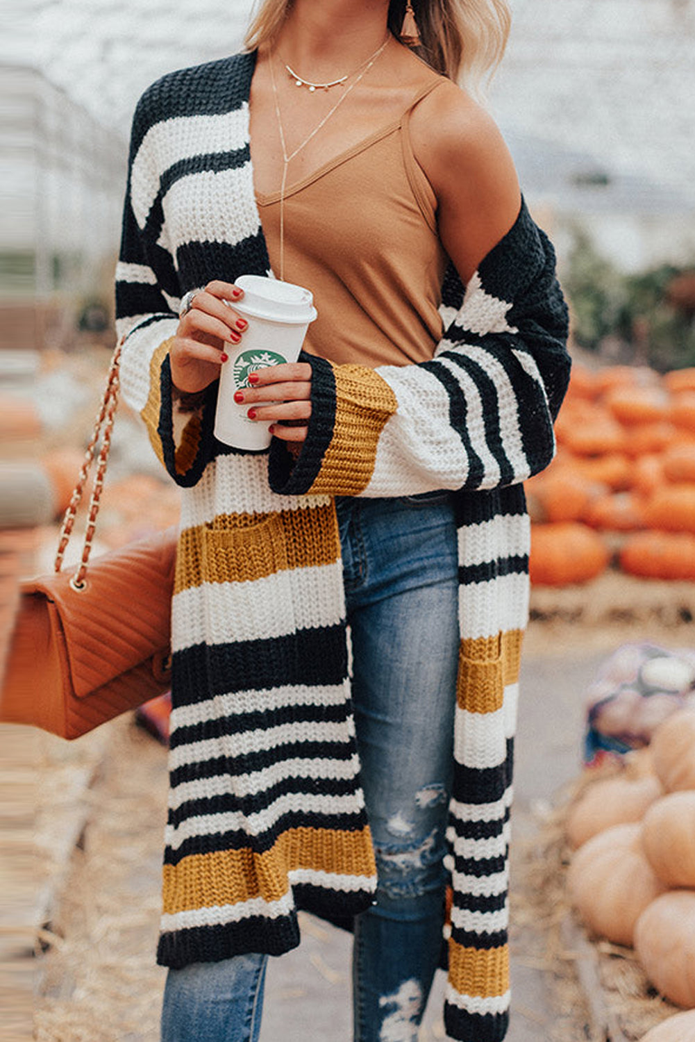 Striped Drop Shoulder Open Front Long Cardigan