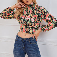Chemisier court à imprimé floral et taille smockée