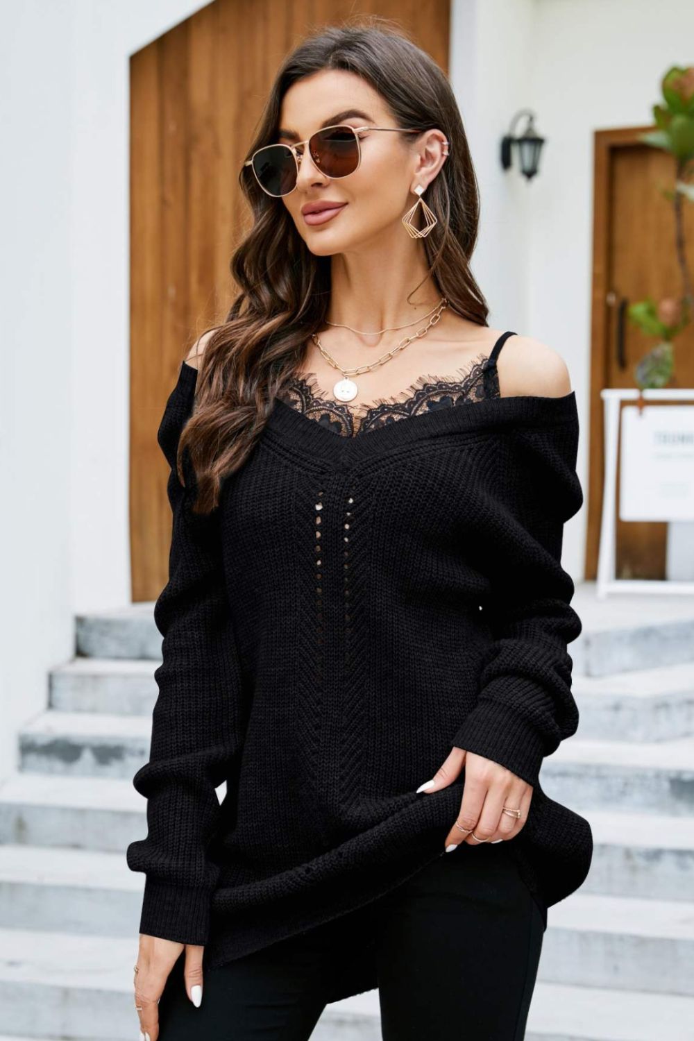 Spliced Lace Cold-Shoulder Tunic Sweater